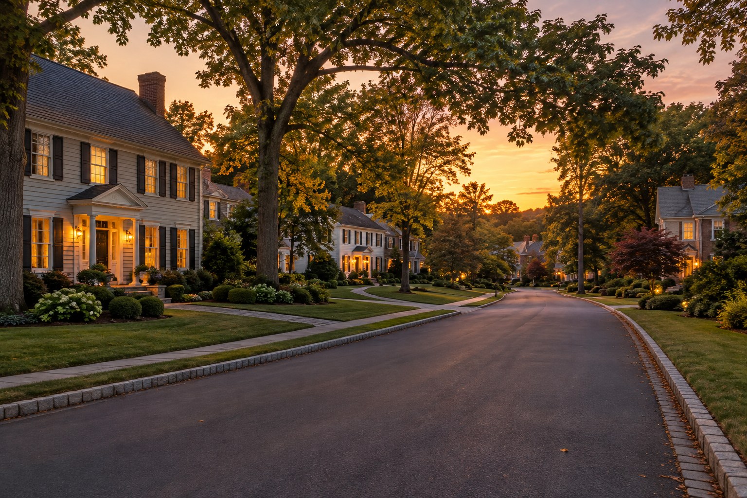 A quiet Princeton area neighborhood street at dusk
