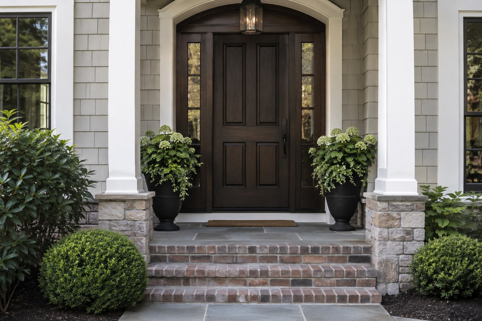 A Central New Jersey entryway with a wood front door